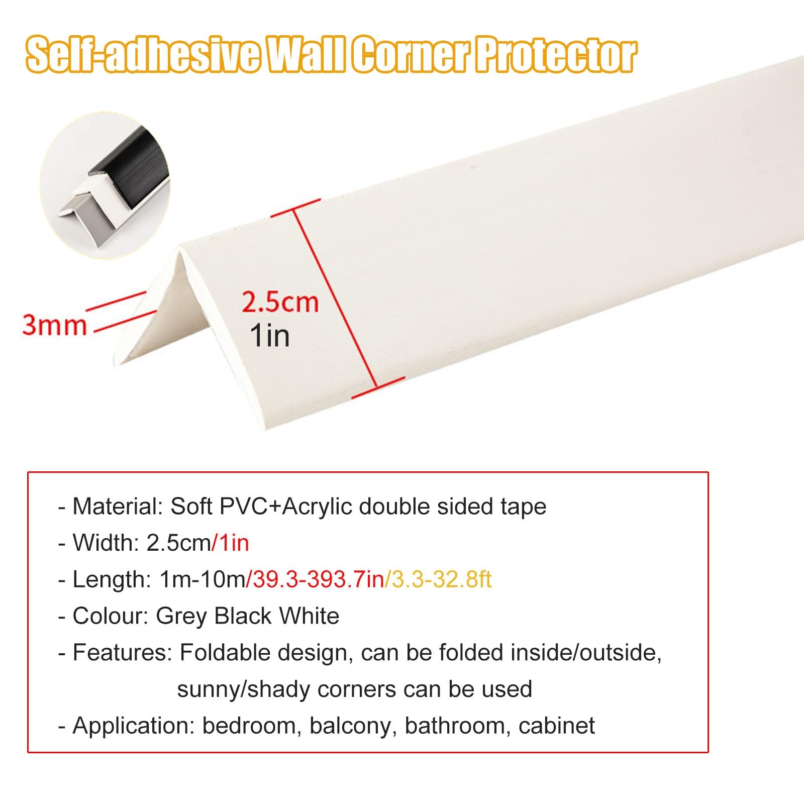 Protectores de bordes de pared de 2,5 cm (ancho), molduras/tiras autoadhesivas para bordes de alféizar de ventana, parachoques protector de borde afilado para protección de papel tapiz y masticación d
