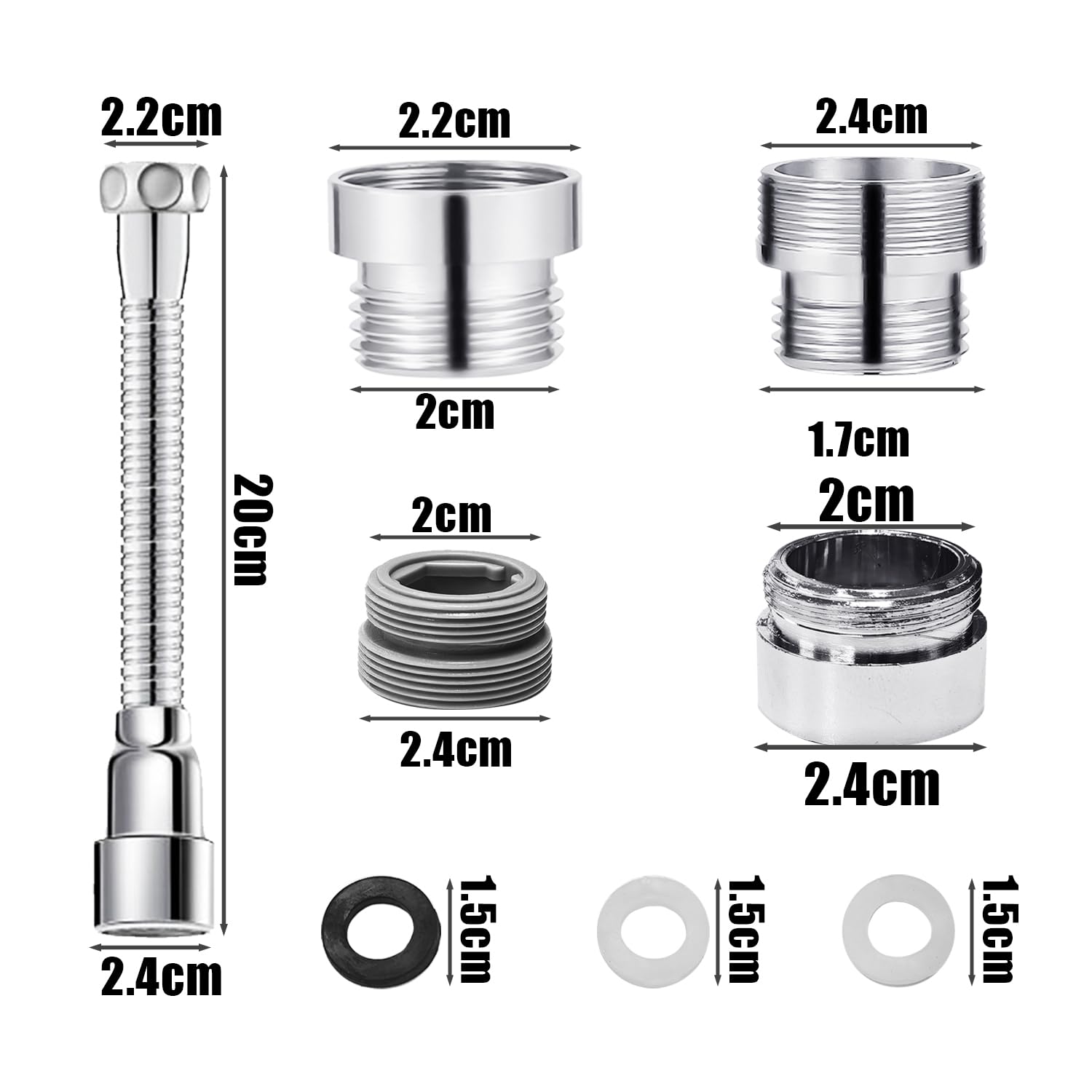 KRYMSON 1 extensión de grifo (20 cm, acero inoxidable) y 2 adaptadores de grifo (24 mm/22 mm exterior, 20 mm interior), adecuado para cocina, baño, inodoro