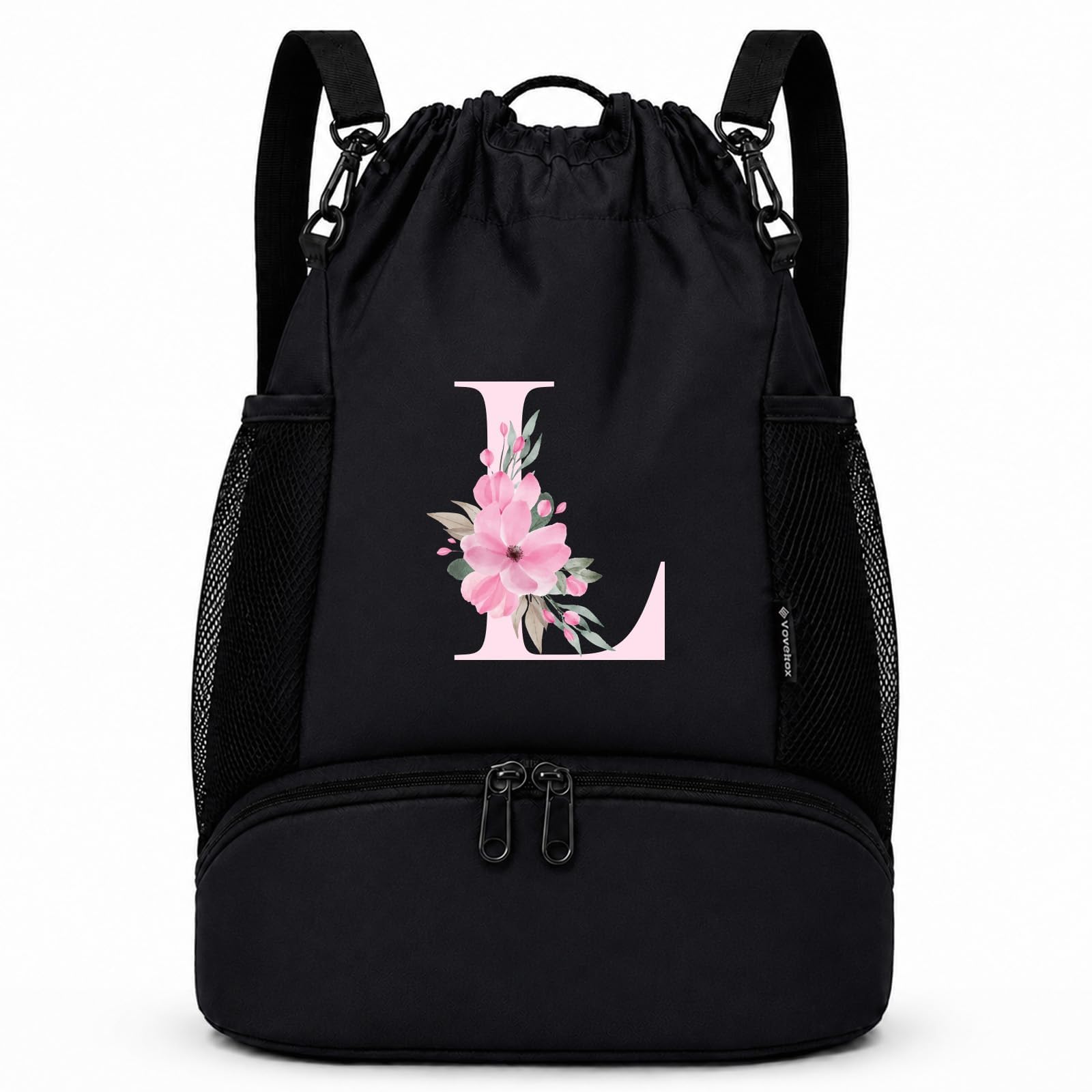 Vavabox Initial Drawstring Backpack Swim Bag Gift for Girls (Black) (L)
