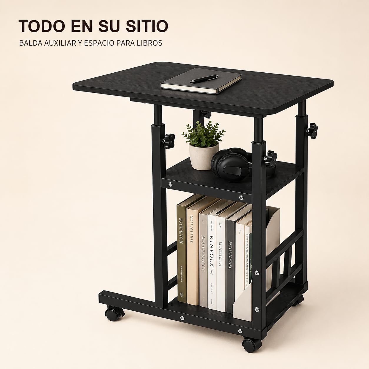 Mesa Auxiliar con Ruedas y Estantes - Escritorio Regulable en Altura 60 x 40 cm - Mesa para Ordenador Portátil, Sofá y Cama con Almacenamiento