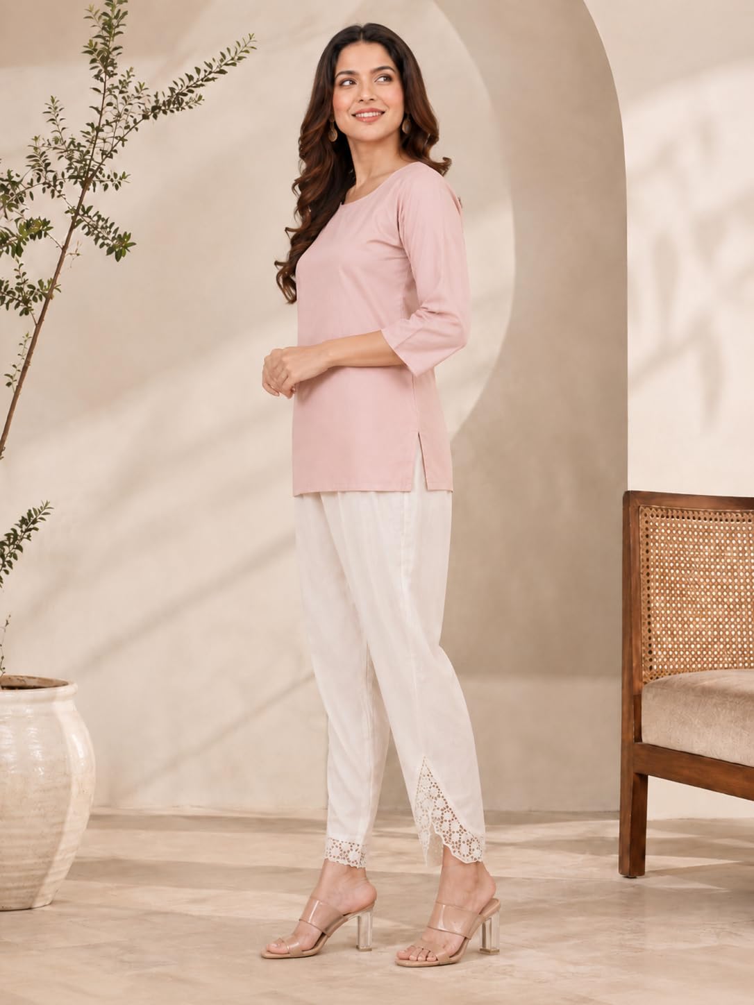 Leriya Fashion Pantaloni da donna | Pantaloni palazzo etnici in cotone con ricamo in pizzo | elastico in vita gamba larga casual pantaloni da donna | comodi pantaloni estivi da donna