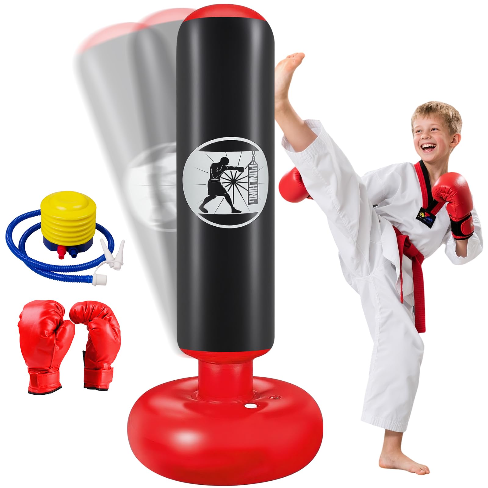 Ninonly Sac de Boxe Enfant 160cm Gonflable avec Pompe et Gants, Set Punching Ball Cadeau 3-12 Ans
