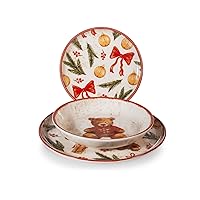 H&H, Set Tavola Natale Teddy Hugs 18 Pezzi – Piatti in Stoneware con Orsetti e Decori Natalizi