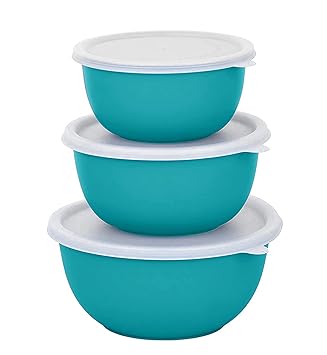 Reezle Microwave Safe Stainless Steel Euro Bowl Set with Lid | Food Storage Containers for Kitchen (Turquoise White lid-3)