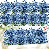 22 Pack Artificial Flowers Outdoor Fake Plants, Faux Flowers UV Resistant with Plastic Plants, Faux Silk Flowers for Outdoors Outside Front Porch Hanging Planter Window Box Garden Decoration(Blue)