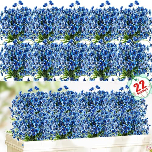 22 Pack Artificial Flowers Outdoor Fake Plants, Faux Flowers UV Resistant with Plastic Plants, Faux Silk Flowers for Outdoors Outside Front Porch Hanging Planter Window Box Garden Decoration(Blue)