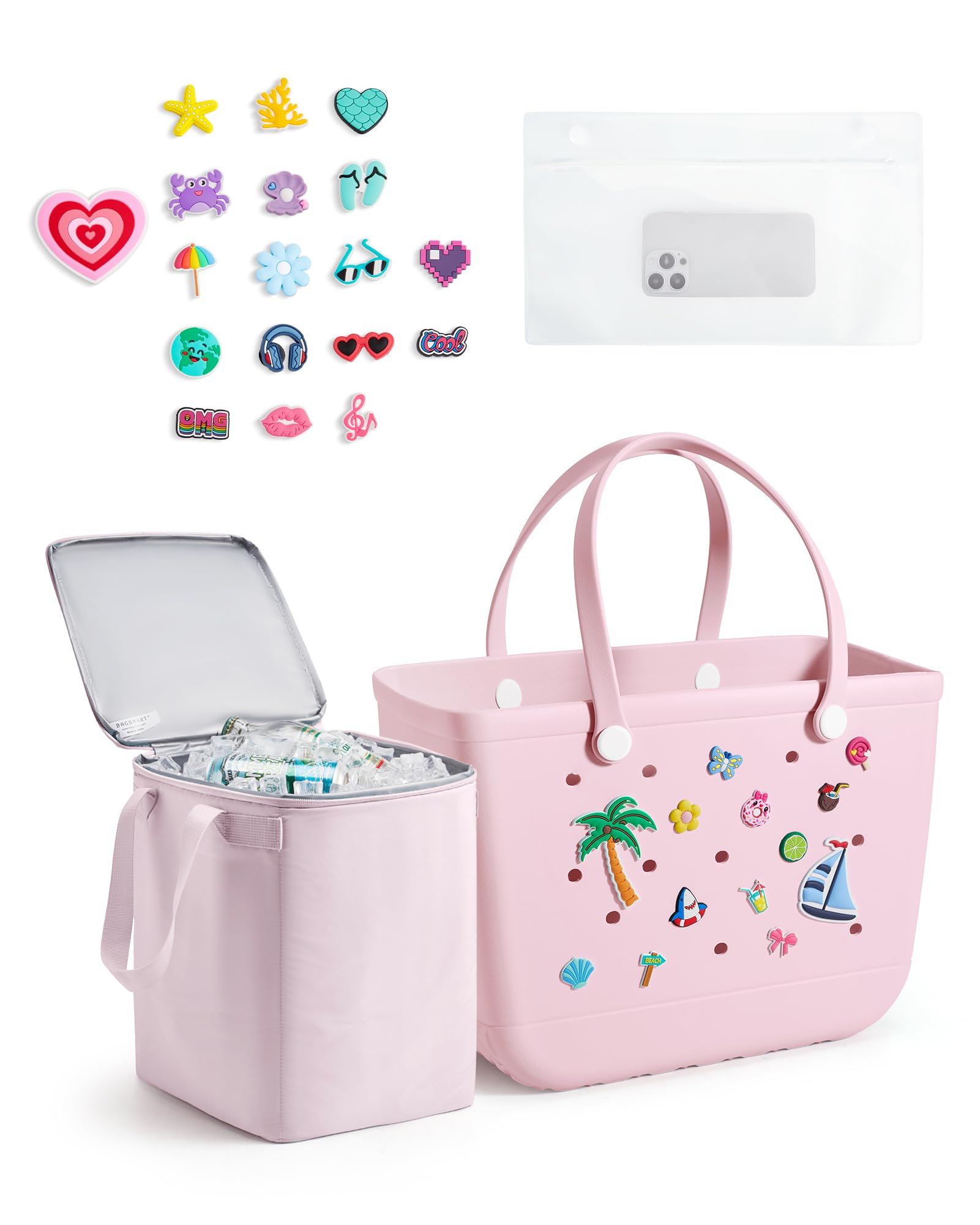Photo 1 of BAGSMART Large Beach Bag for Women with Cooler, Rubber Tote Bag with Charms, Waterproof Vacation Essentials for Swim Pool, Pink
