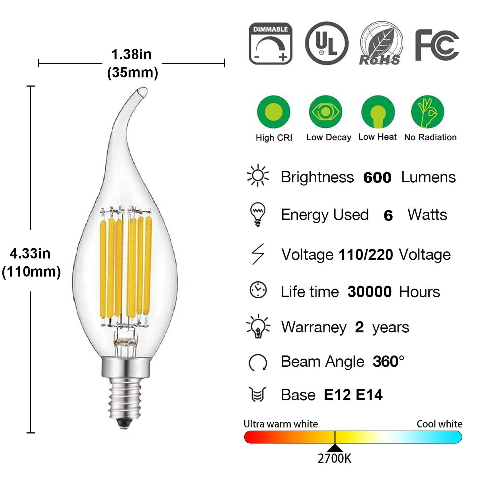 E12 Bombilla LED para candelabro 6 W regulable, equivalente a 60 W bombillas LED 2700 K blanco cálido 600 lúmenes punta de llama bombilla de araña de filamento LED base de candelabro E12 paquete de 10