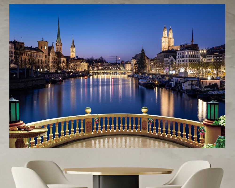 JVERF - JZZD12719 Zurich Switzerland Houses Rivers Bridges Evening