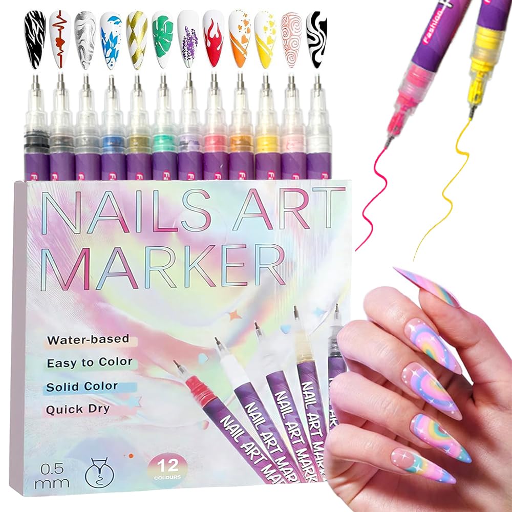 Kyduu 12 Colores Bolígrafo de Uñas Nail Art 3D Pen, 0,5mm, DIY Bolígrafo Manicura Niñas, Boligrafo 3d Pintauñas, Nail Art Grafiti Pen Marker 3D Set, Bolígrafo de para Decoración de Uñas - 2
