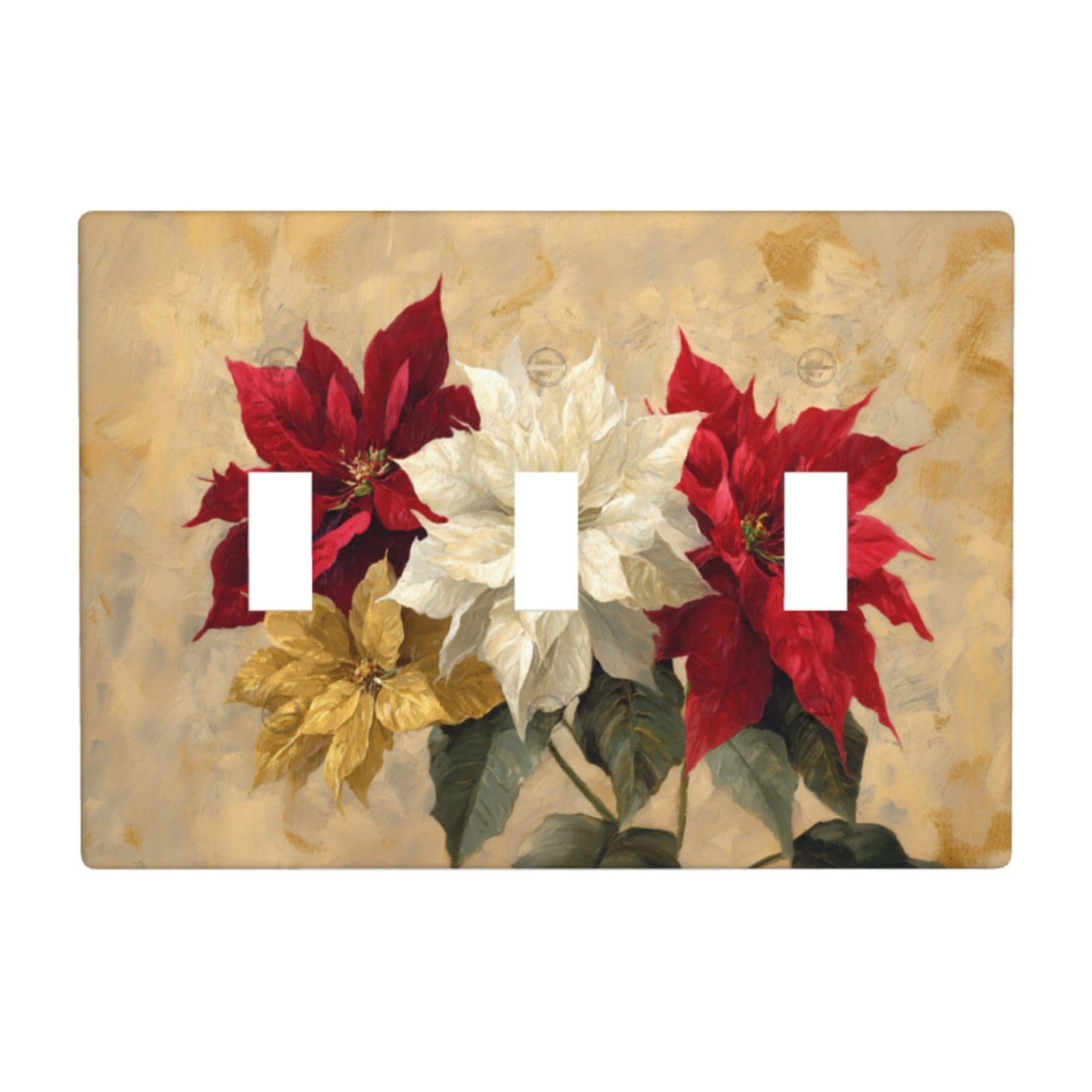 Woshuwo White Three Poinsettias In Red Gold On Beige Light Switch Covers 3 Gang Triple Toggle Wall Plate Switchplate Electrical Faceplate For Bathroom Kitchen Bedroom Decor