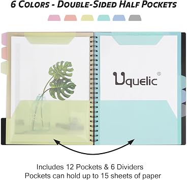 Uquelic Clipboard Folder A4 with Storage, 6 Double-Sided Half Pockets Project Organizer with Zipper Pouch, Plastic Clipboard Folio for Office, School, Macaron Color