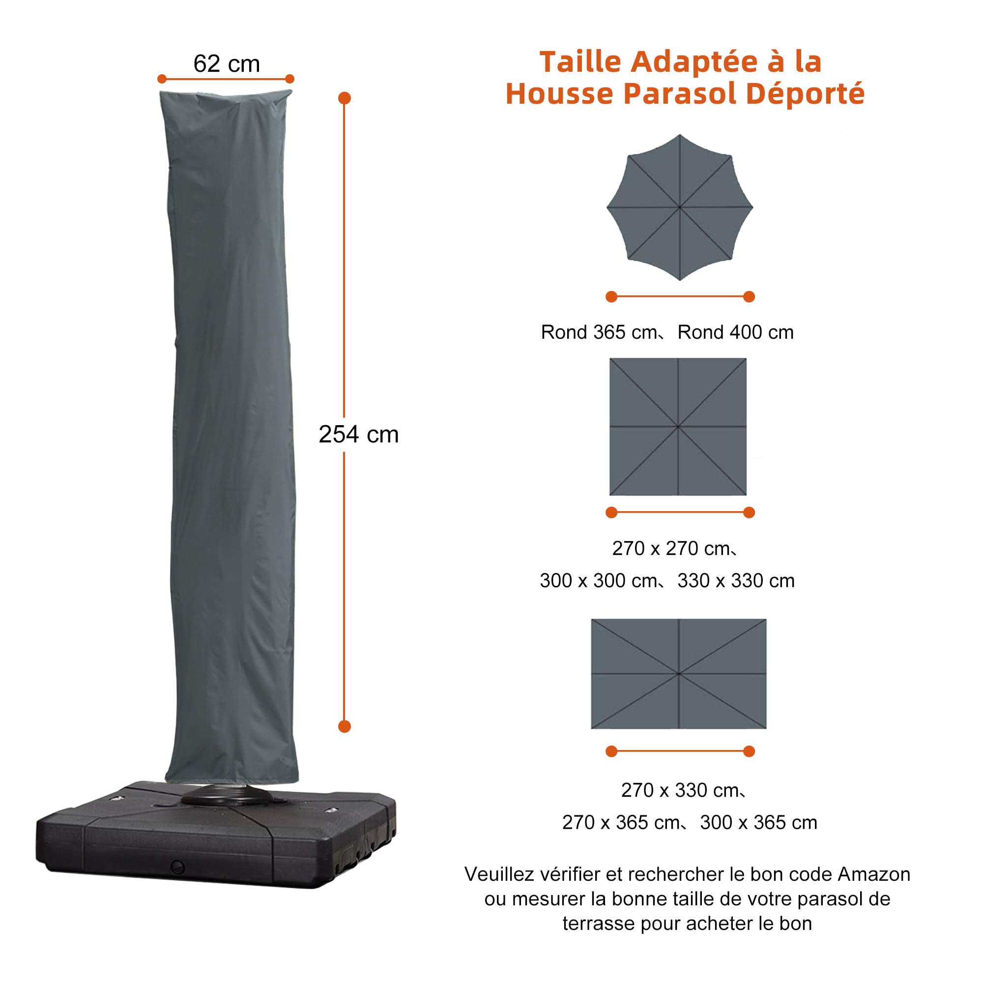 PURPLE LEAF - Fundas para sombrillas de jardín al aire libre, 255 x 62 cm, resistente a los rayos UV con palo, con cremallera cubierta de sombrilla, color gris