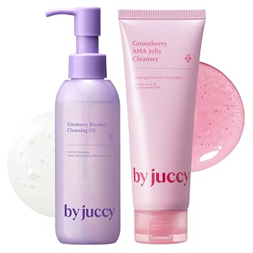 Double Cleanser Duo for Facial Cleansing By Juccy Vinoberry Blended Cleansing Oil & Gooseberry AHA Jelly Cleanser, Removes Impurities & Exfoliates Dead Skin Cells for Hydrated SkinBy Juicy