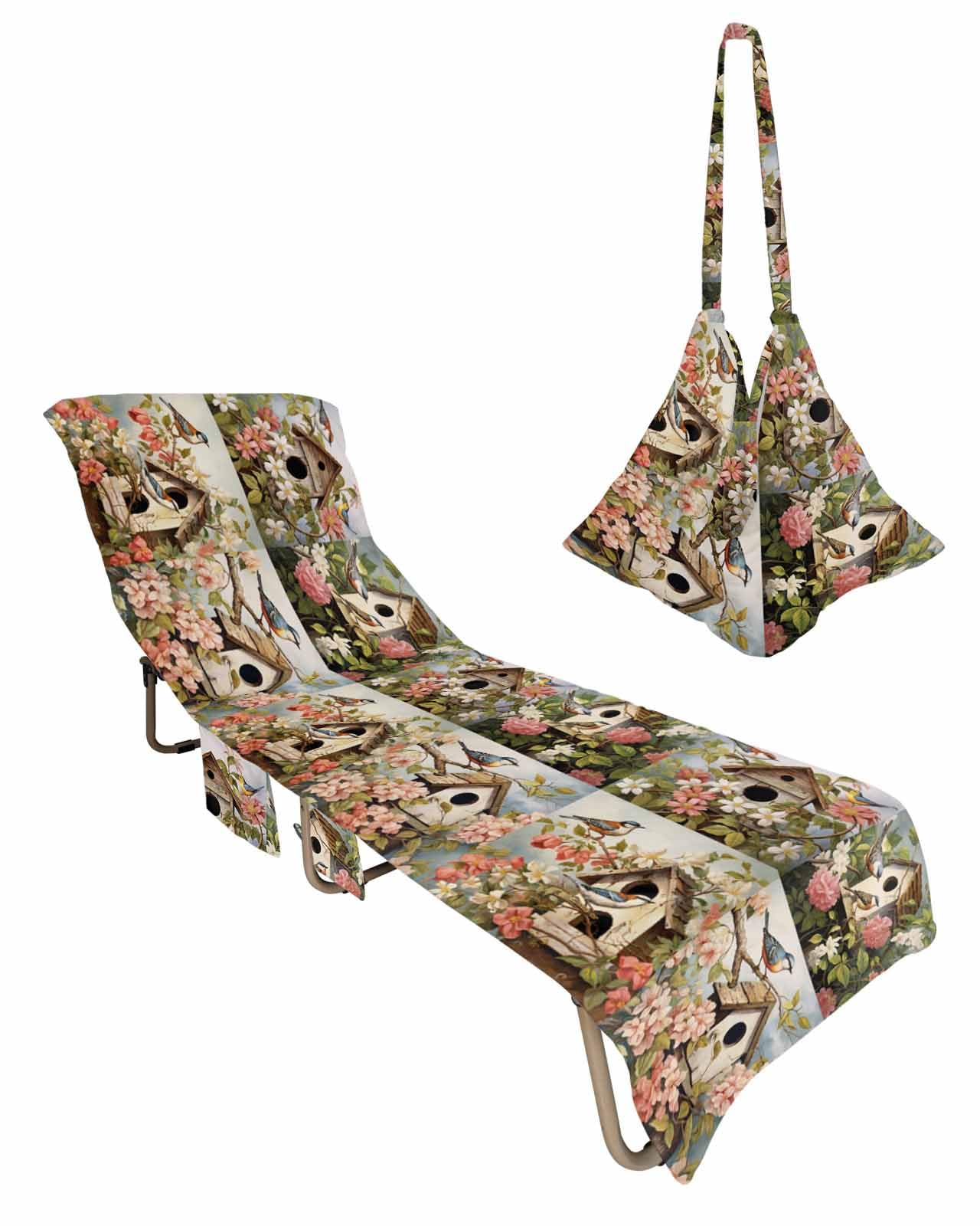 Spring Birdhouse Beach Chair Towel Covers for Chaise Lounge with Side Pocket, Soft Plush Pool Towels Cover for Patio Sunbathing Outdoor 29''x85'' Retro Botanical Watercolor Flower Leaf