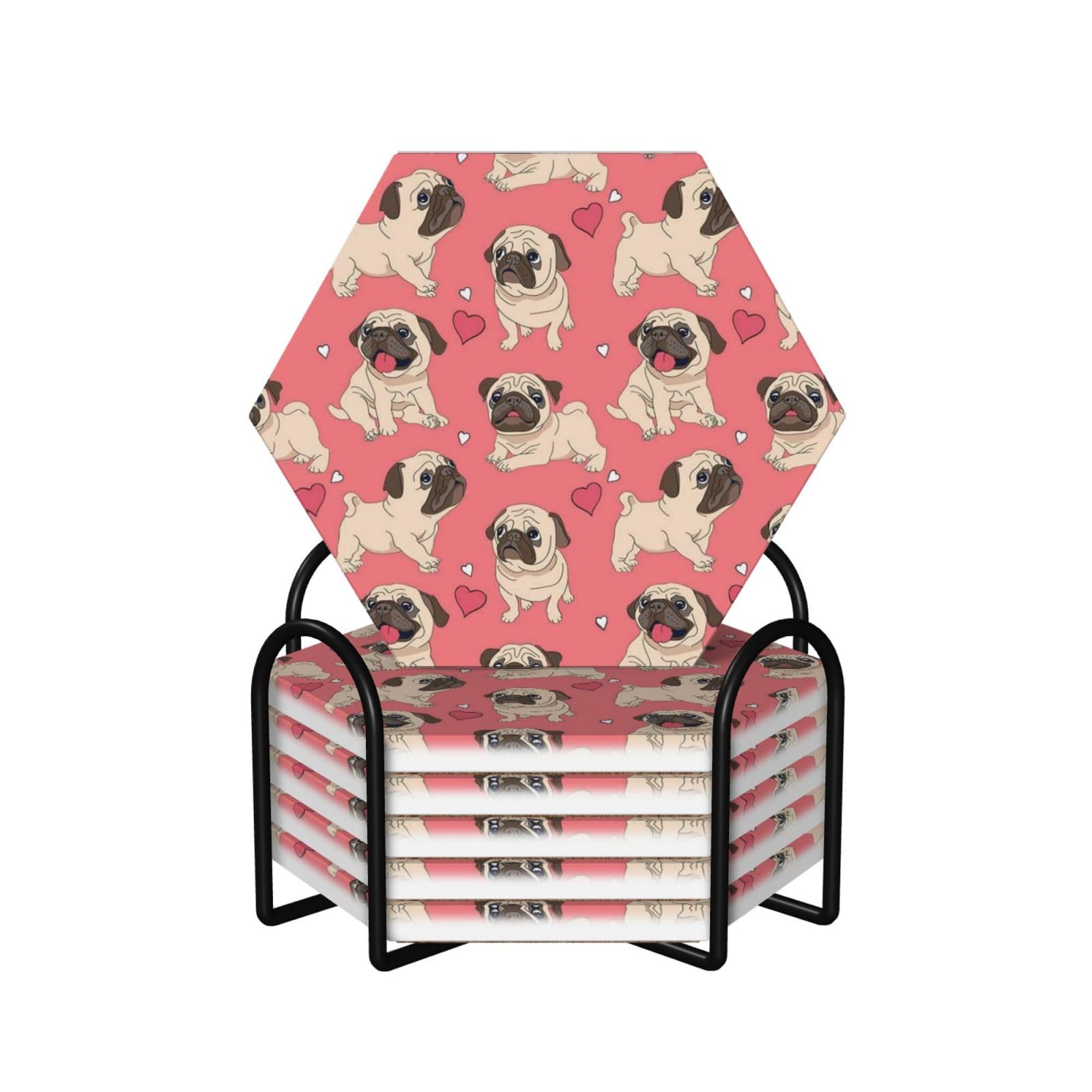 Divertente set di 6 sottobicchieri in ceramica con stampa di un cucciolo di carlino, accessori eleganti per la cucina e la casa