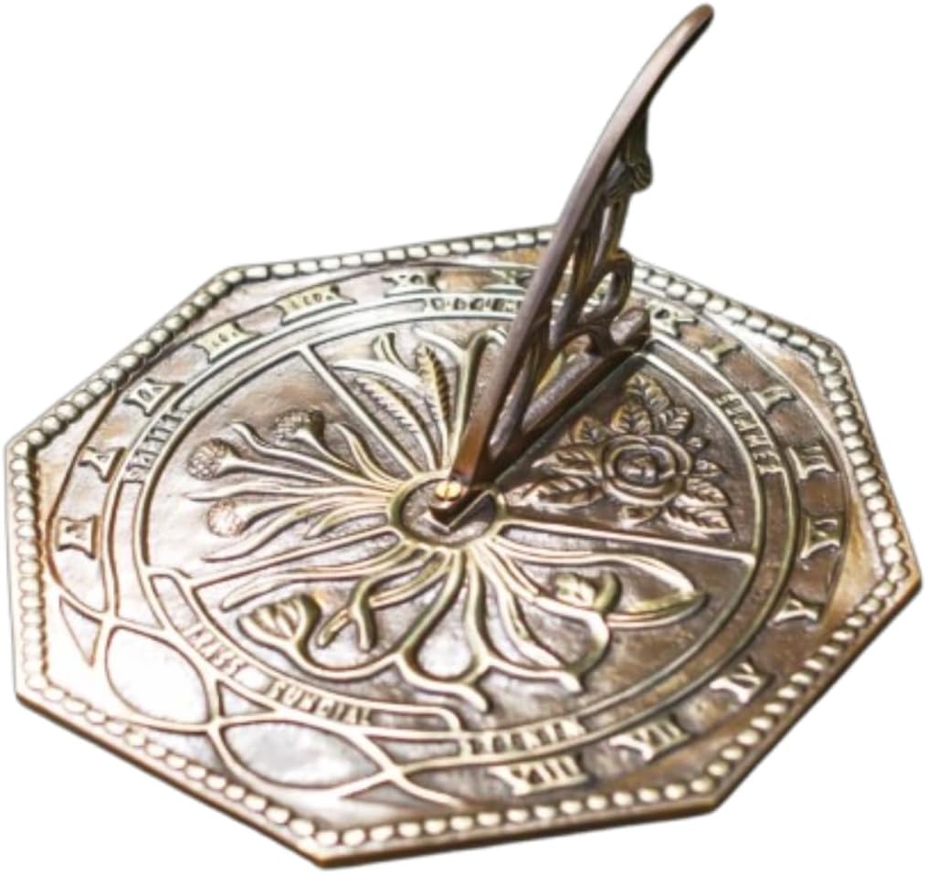 Antique Brass 'Flower' Hexagonal Shape Sundial Clock 10" inch Size Glossy Antique Color with Roman Number and Unique Pattern