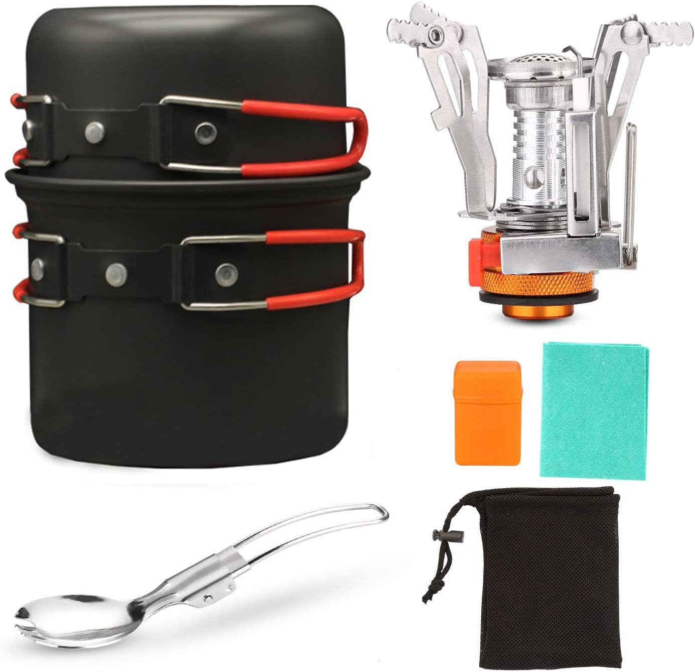 Arabest 6pcs Camping Cookware Mess Kit - Non-Stick Lightweight Pot with Stove Stainless Steel Fork Spoon and Carry Mesh Bag, Camping Cooking Set for Camping, Outdoor Cooking and Picnic