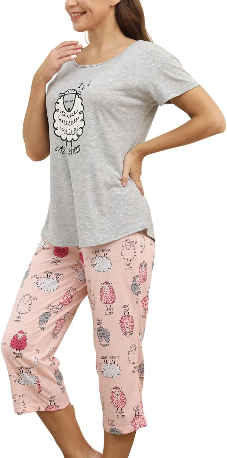 Inadays Womens Cotton Pajama Sets Short Sleeve Top With Capri Pants 2 piece sets for Women Summer Pajamas Lounge Set - Image 4