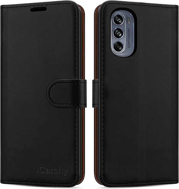 iCatchy Motorola Moto G62 5G Case Leather Wallet Book Flip Folio Stand View Cover Pouch for Motorola G62 Phone (Black)