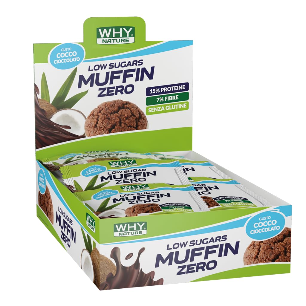WHY NATURE LOW SUGAR MUFFIN ZERO - Muffin Proteici Senza Glutine - Snack Proteici Gusto Cocco e Cioccolato - Box da 16 Pezzi - 27 gr