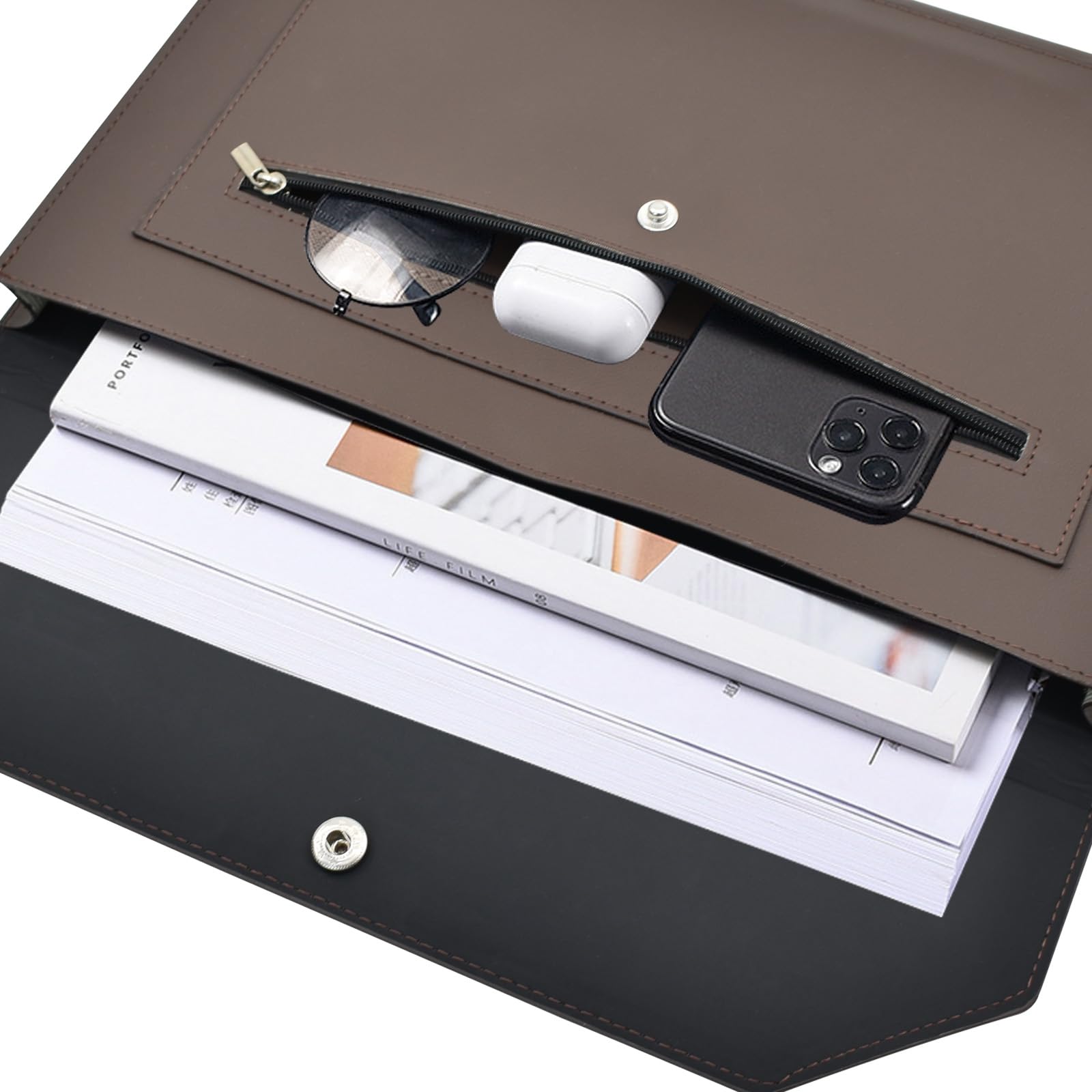 VANRA Cartella portadocumenti espandibile in pelle PU, con tasca con bottone a pressione, tasca con cerniera, per fogli formato A4 (marrone scuro)