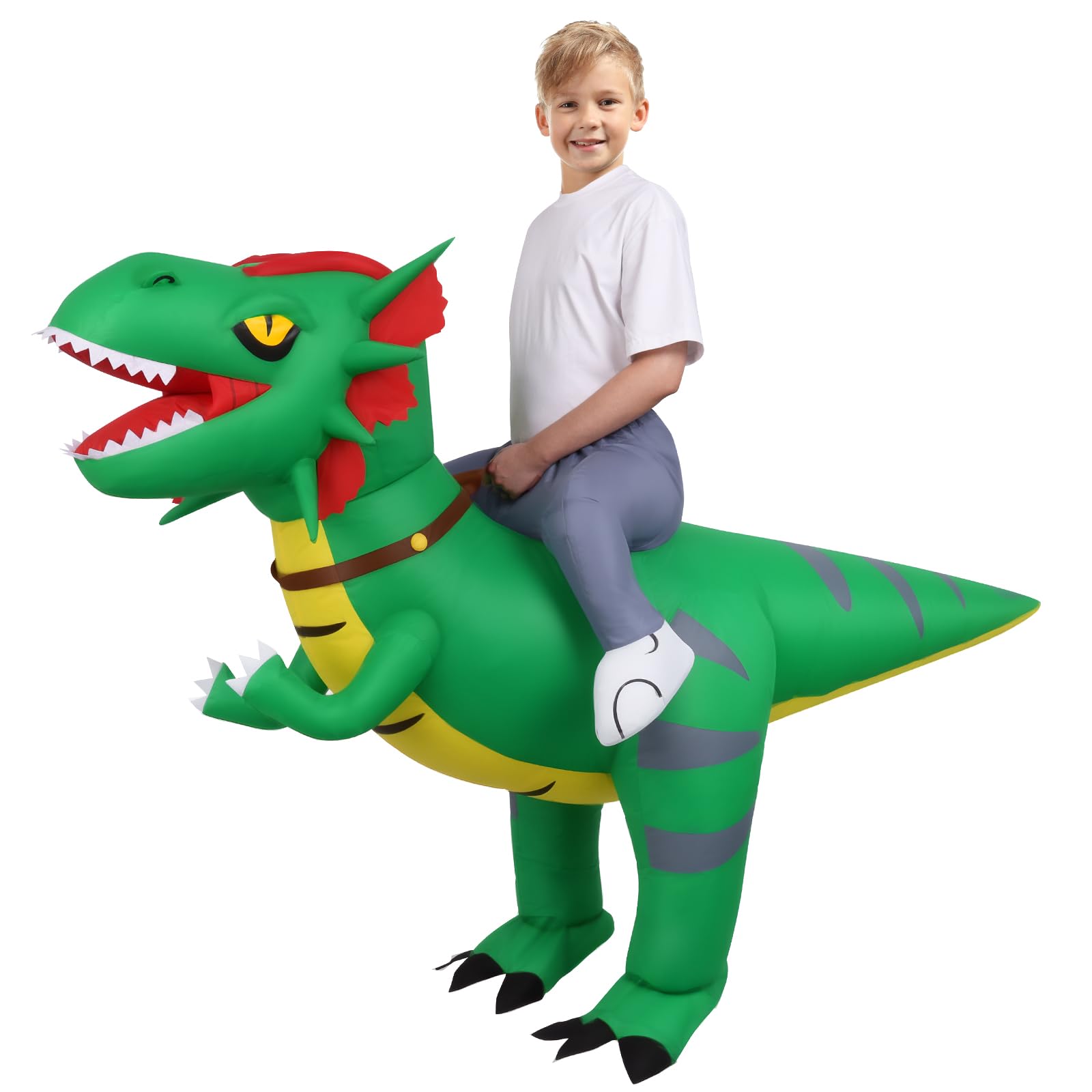 AOOWU Dinosaur Costume, Cartoon Dinosaur Inflatable Costume Dilophosaurus Blow up Fancy Dress for Kids, Funny Ride-on Green Dinosaur Halloween Costumes for Halloween Cosplay Masquerade Party, Green