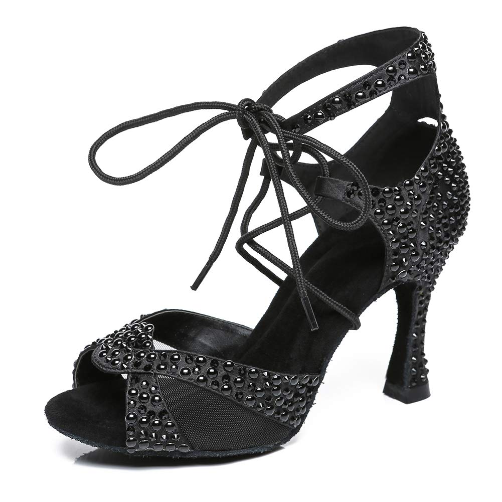 YKXLM Women's Latin Dance Shoes with Rhinestone Peep Toe Lace Up Ballroom Salsa Tango Practice Performance Dance Shoes,Model YCL452,Black+ZZ-7.5CM Heel-9.5 US