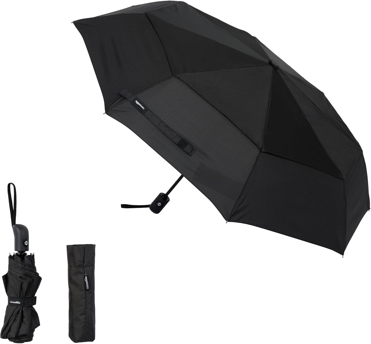 Amazon Basics Round Automatic Travel Compact Umbrella Windproof Strong, with Wind Vent, Black, One Size Amazon Basics Round Automatic Travel Compact Umbrella Windproof Strong, with Wind Vent, Black, One Size