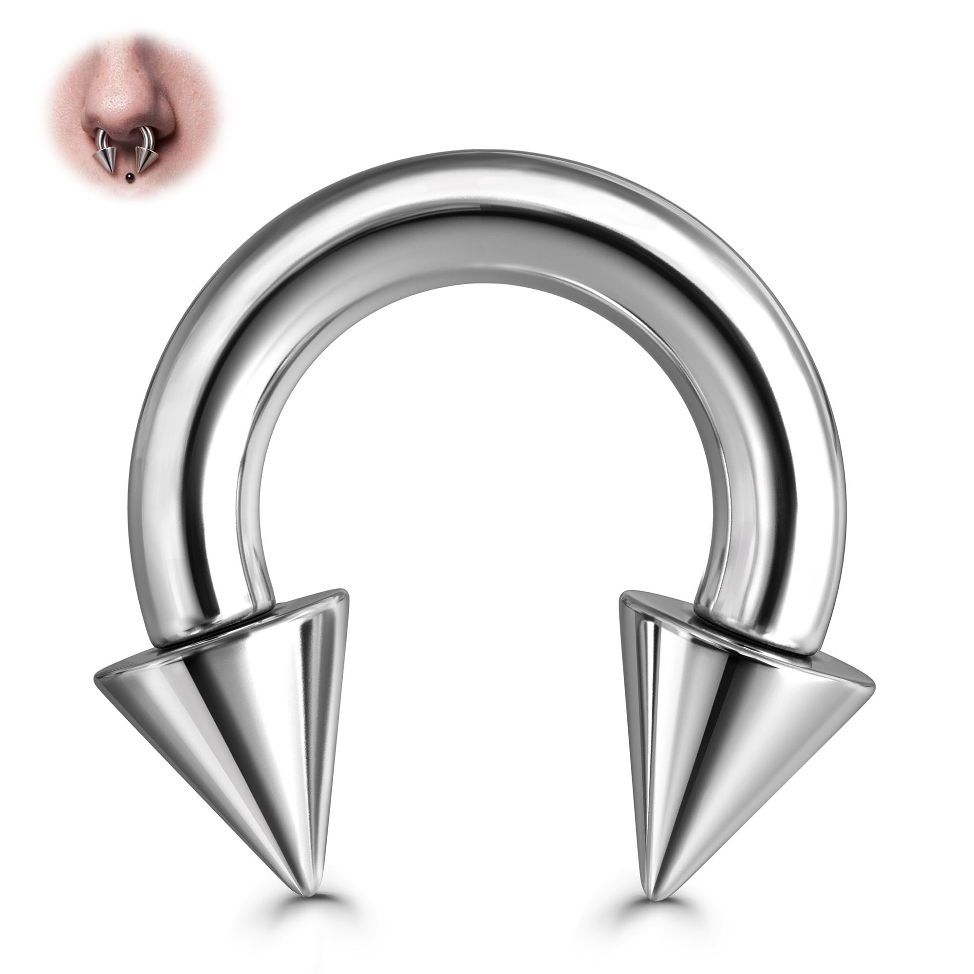 BodyBonita G23 Titanium Septum Rings, 00/0/2/4/6/8/10/12G Horseshoe Circular Barbell Spikes Stretched Pincher Nose Piercing Jewelry, ASTM F136