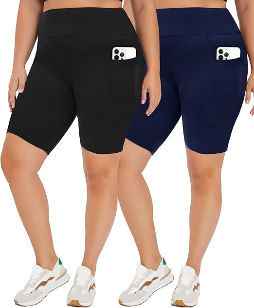 TNNZEET 2 Pack Plus Size Biker Shorts for Women - 8" Black High Waisted Tummy Control Spandex Workout Shorts (XL-4XL)