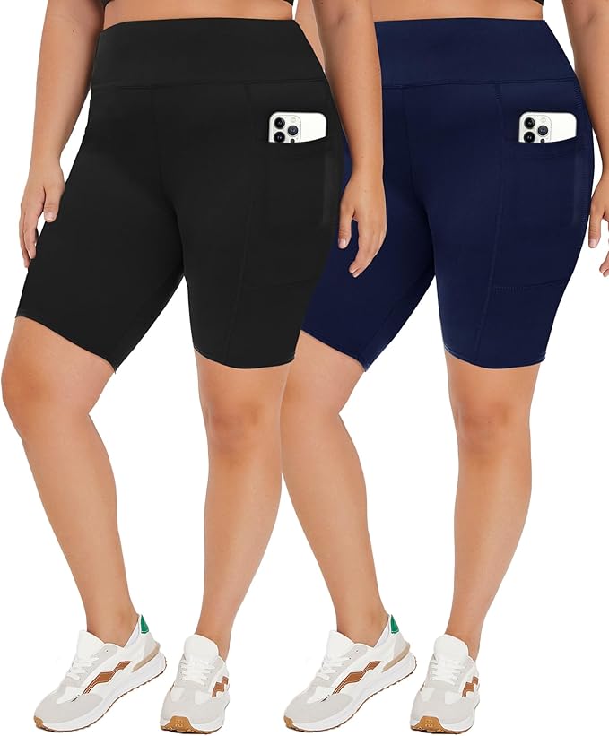 TNNZEET 2 Pack Plus Size Biker Shorts for Women - 8" Black High Waisted Tummy Control Spandex Workout Shorts (XL-4XL)