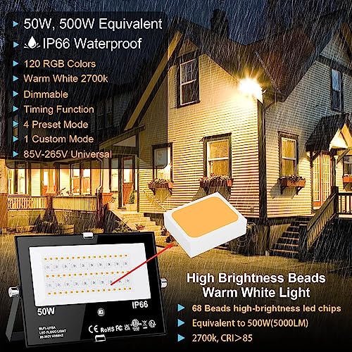 HYDONG Outdoor LED Flood Light RGB Color Changing + 400W Equivalent 2700k WarmWhite 4000LM Spotlight(Remote Control, 120 Colors Strobe, Dimmable, Timing, US 3-Plug) Wall Wash Light - Image 3