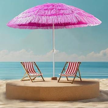Pink Outdoor Umbrella 6 Large Beach Umbrella Imitation Straw Patio Umbrella with Tilt & Adjustable Height, for Garden Lawn Deck Backyard Pool