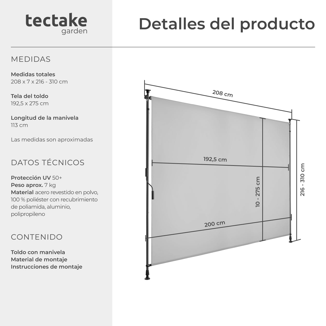 tectake® Toldo Vertical Exterior con Manivela, Estores Exteriores Jardín y Terraza Exterior, Toldos Exterior Terraza, Estructura Acero, Tela Toldo Impermeable, Toldos Jardin - 200x310 cm Gris Claro