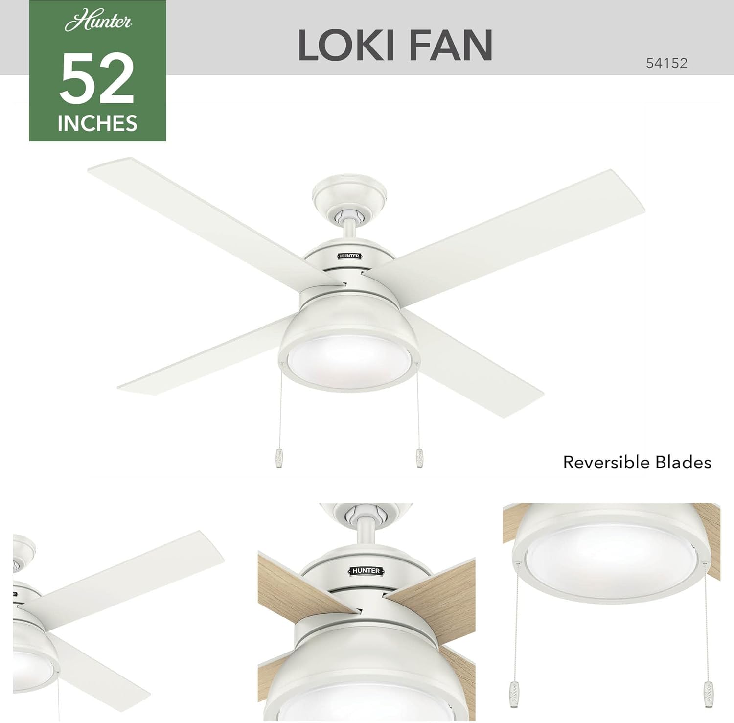 Hunter 52 inch Indoor Ceiling Fan with LED Light and Pull Chain - Standard Mount White Ceiling Fan, 4 Blades, For Bedroom, Living Room, or Kitchen, Quiet - Loki 54151, Fresh White