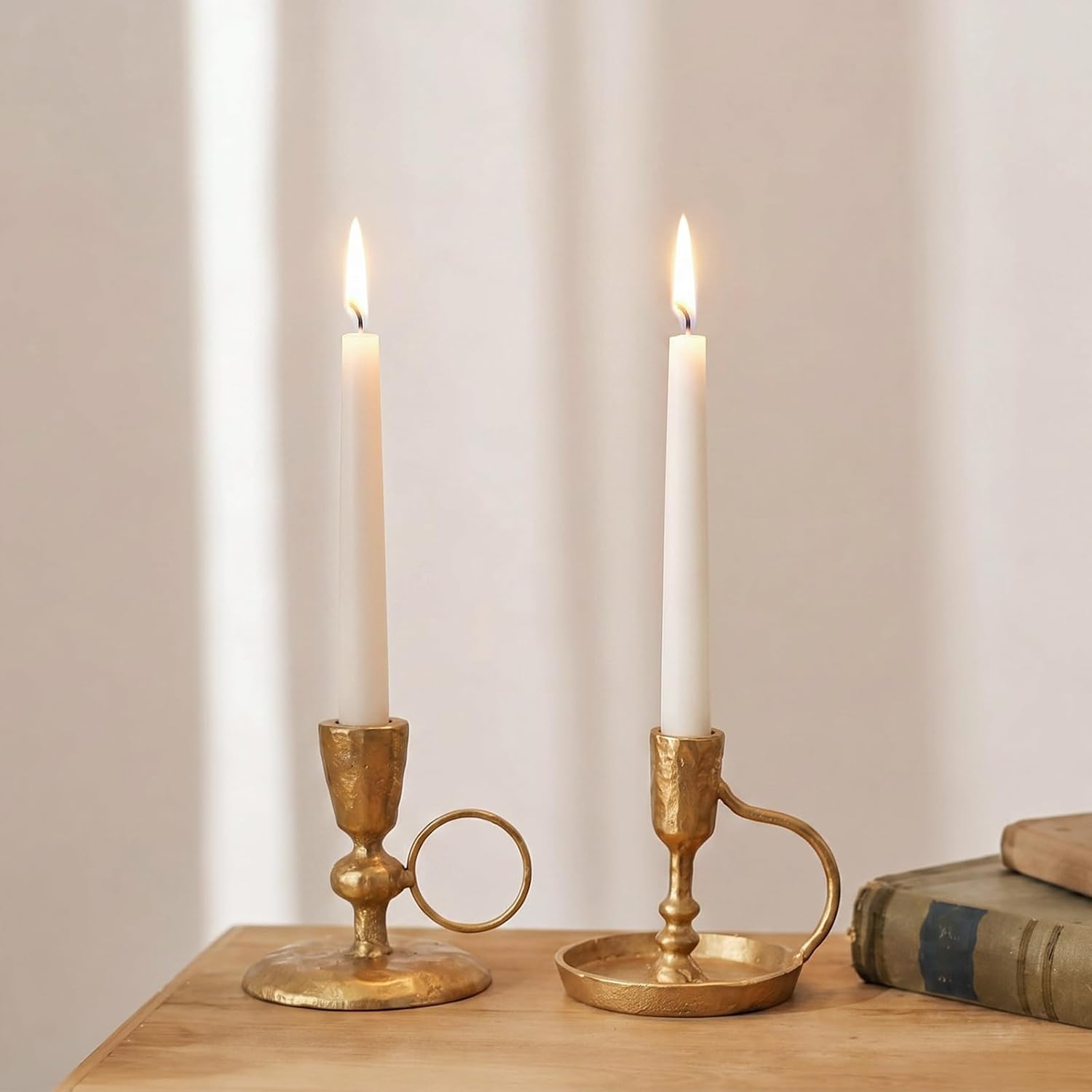 Iron Taper Candle Holder - Set of 2 Antique Brass Candlestick Holders, Gold Vintage Decorative Candles Stand for Wedding Party Decoration Dinning Table Centerpieces Housewarming Gift