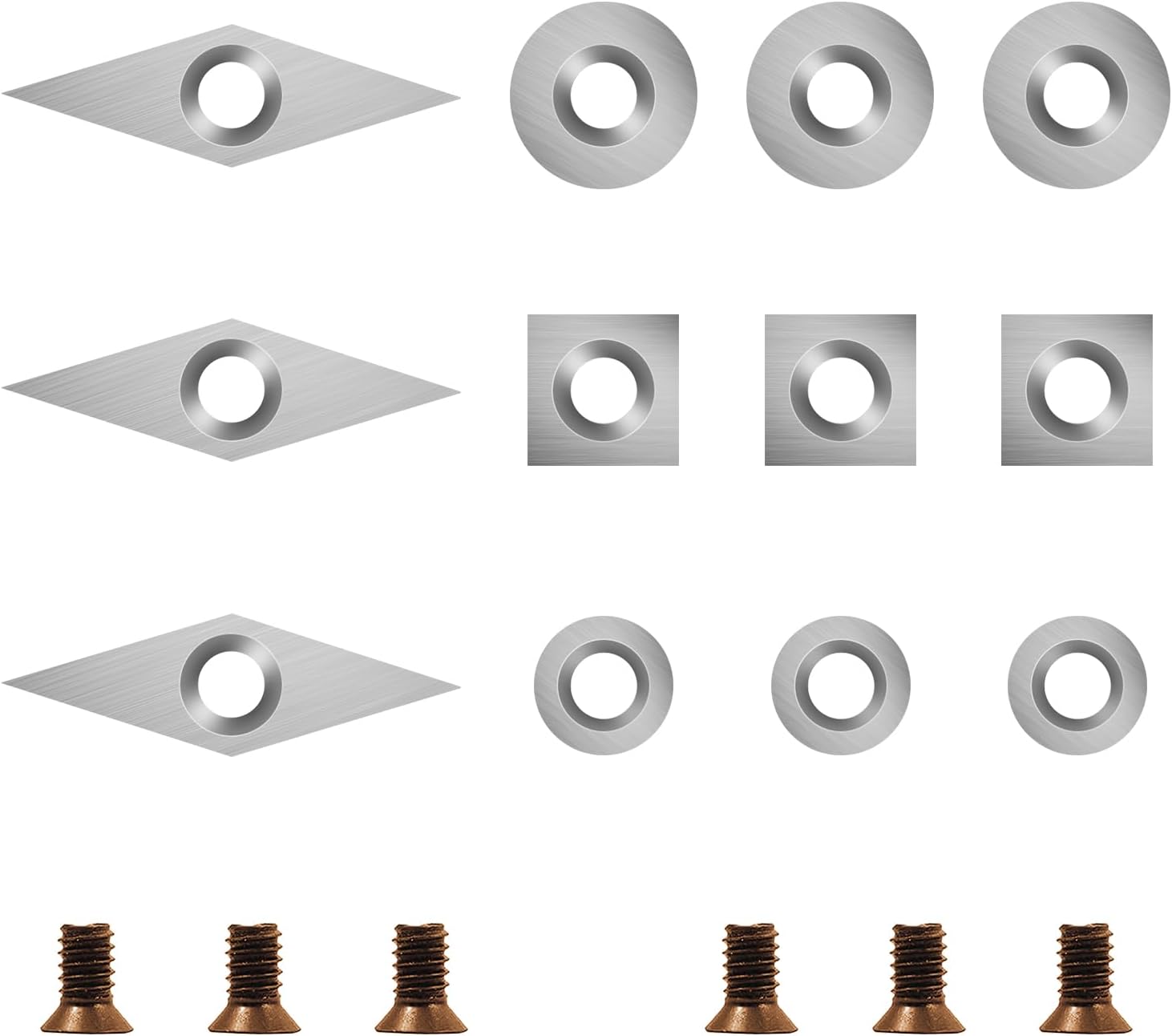 18 Pieces Tungsten Carbide Cutters Inserts Set for Wood Lathe Turning Tools Include 11 mm Square with Radius, 12 mm and 8.9 mm Round, 30 x 10 mm Diamond with Pointed Point,6 Pieces screws