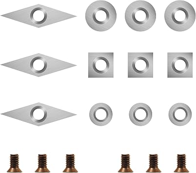 18 Pieces Tungsten Carbide Cutters Inserts Set for Wood Lathe Turning Tools Include 11 mm Square with Radius, 12 mm and 8.9 mm Round, 30 x 10 mm Diamond with Pointed Point,6 Pieces screws