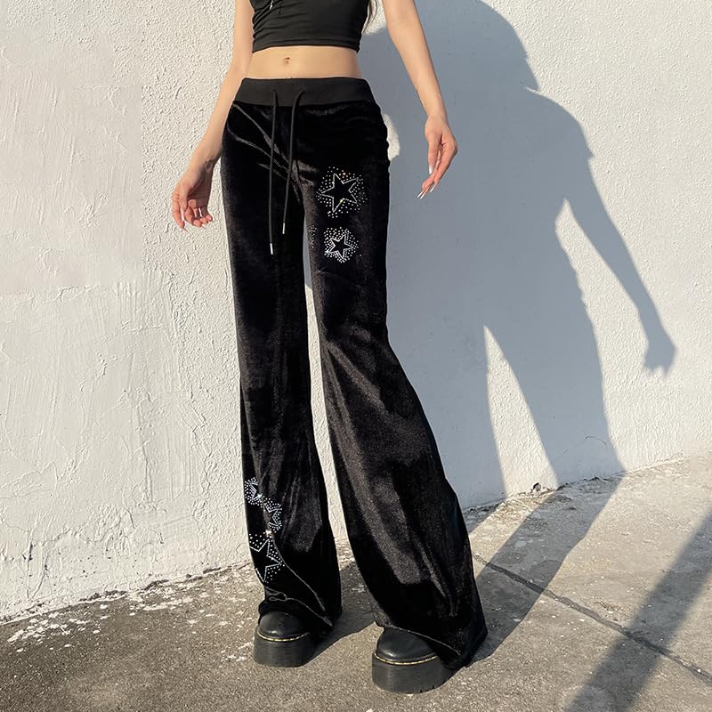 heyheyshine Women Velvet Pants Star Rhinestone Graphic Flare Pants Adjustable Low Waist with Pocket Flared Leg Trousers3