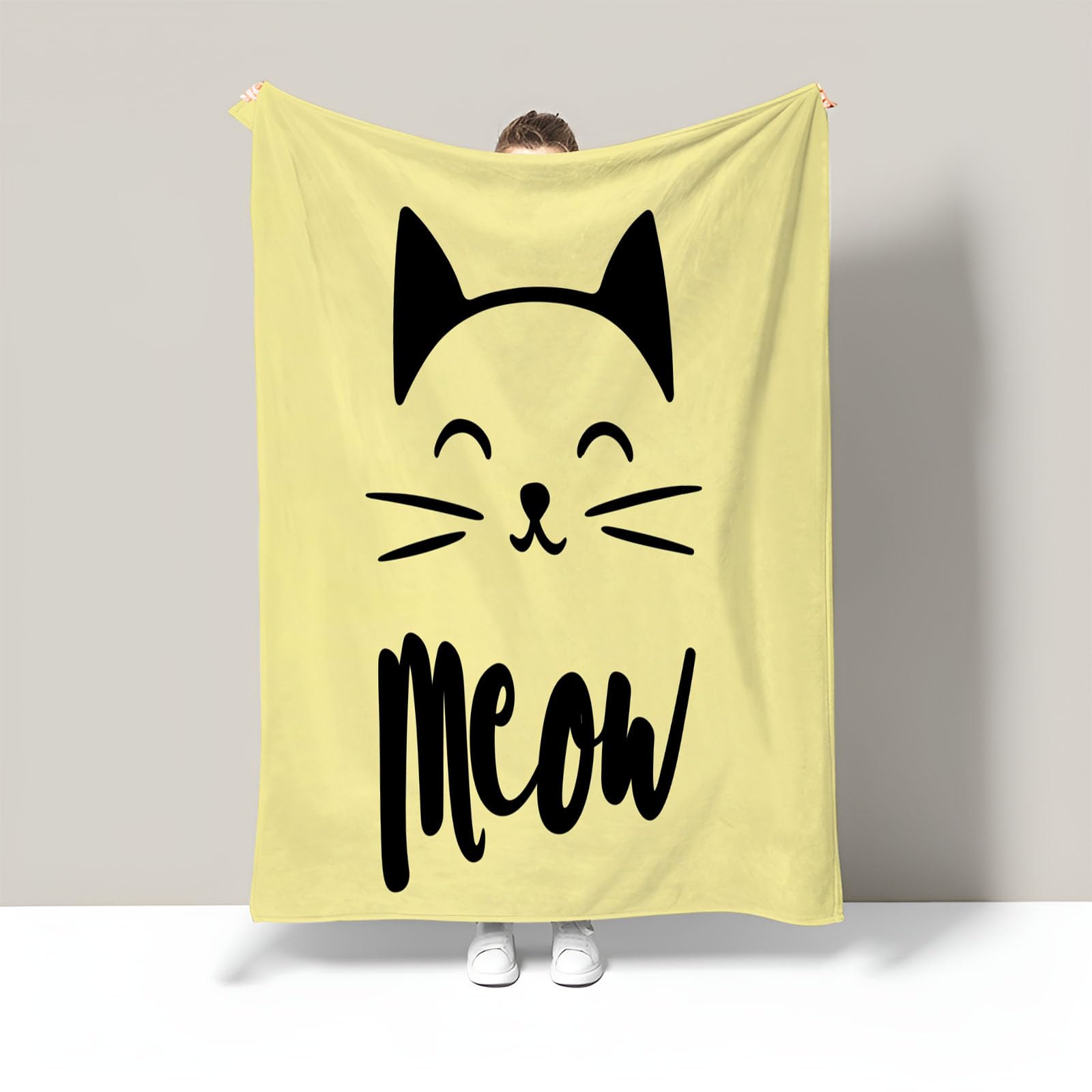 Plaid chat en flanelle jaune 130x150 cm pour lit et canapé d'enfant