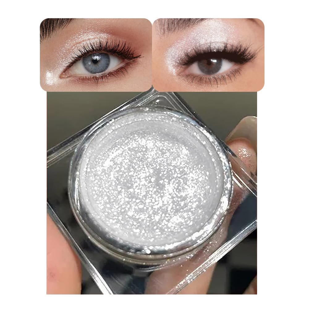 FeiCuiYun Single Cream Glitter Eyeshadow, Shimmer Eyeshadow Palette, Korean Eye Glitter Makeup, Ultra-Blendable, Sparkle Silver Eye Shadow, Single Shade Metallic Pigmented (Sparkle white)