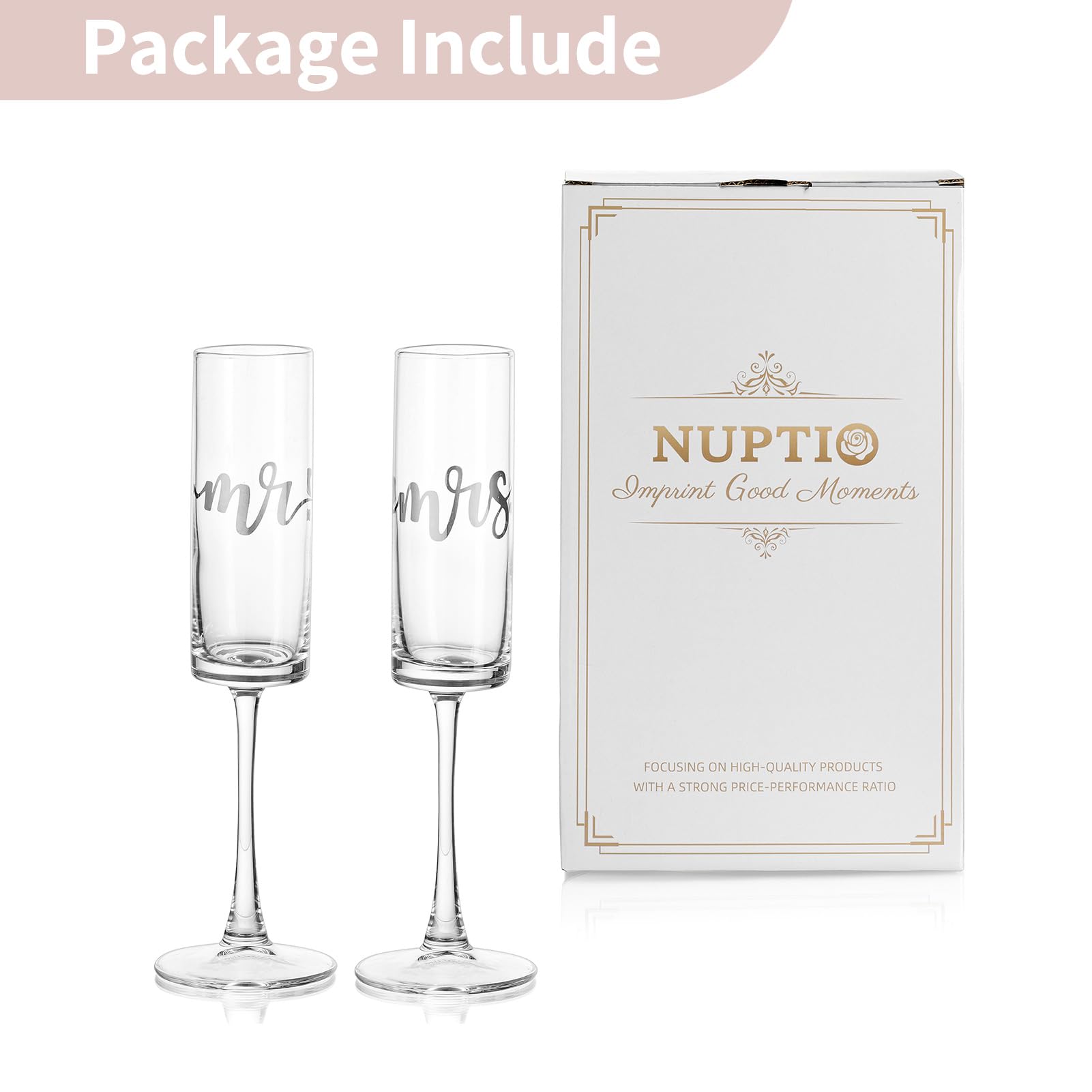 Nuptio Bicchieri Champagne Mr Mrs: Set di 2 Regalo Matrimonio Argento Anniversario Idee Nozze Natale Lei Gift Sposi Coppie Fidanzata Valentino Sposata Futuri Coppia Flute Personalizzato Romantici