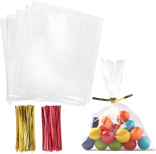 Miniatura 7 de Morepack Bolsas de celofán para golosinas, 200 bolsas de regalo transparentes con lazos giratorios, bolsas de recuerdo de fiesta (7 x 7 pulgadas)