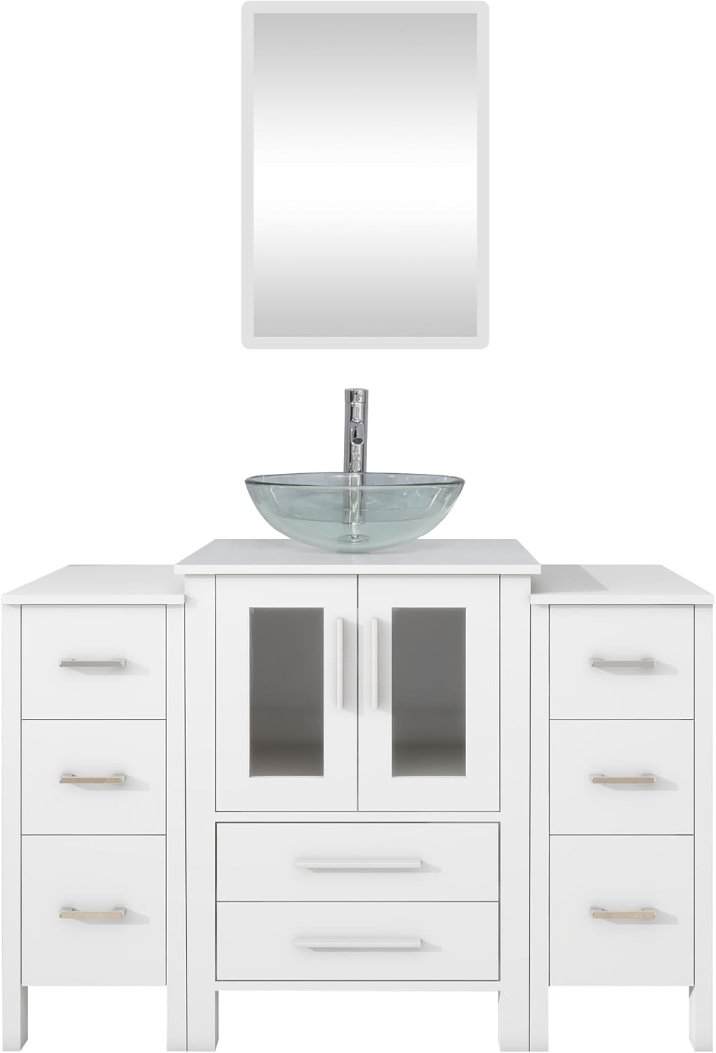 UEV 48" White Bathroom Vanity Cabinet with Glass Round Bowl Sink, 2 Cabinets, Modern Style, Mirror, ORB Faucet Included