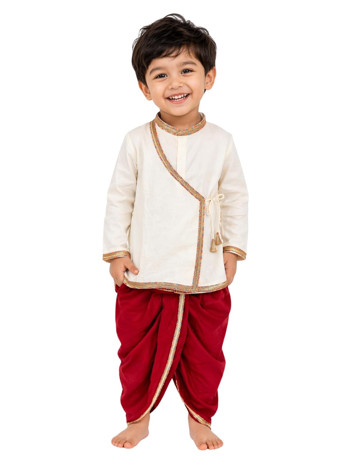JAGGU Kids Traditional Kediyu style Kurta Dhoti Set | Off White Milky Kurta with Maroon Dhoti |ethinic Wear for Boys (6 Mo... - Review, Price and Buying Guide