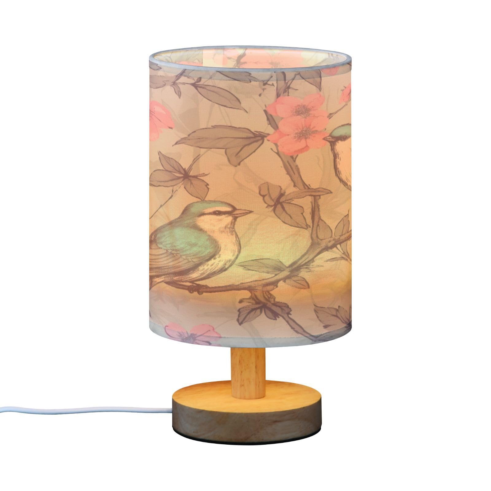 SDMKA Birds and Flower Bedside Table Lamp for Bedroom, Minimalist Nightstand Lamp with Round Fabric Shade for Living Room, Office, No Bulb Required