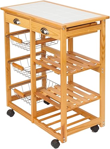 Carrito de cocina con ruedas, encimera de azulejos con 2 cajones, 3 cestas de metal para alimentos y 2 estantes abiertos y 1 estante para vinos,