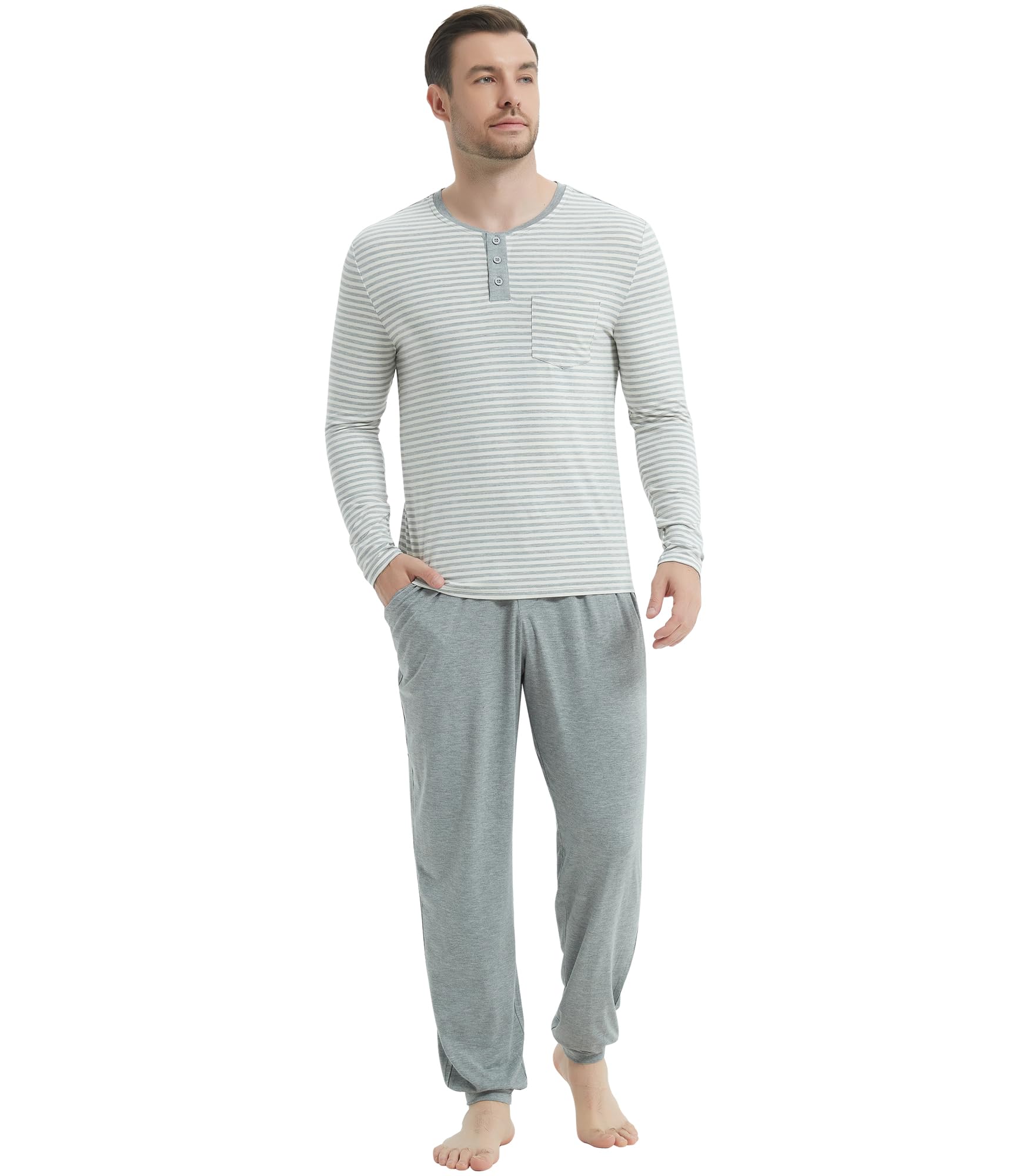 NACHILA Mens Pajamas Set Viscose Made from Bamboo Henley Top Sleep Pants