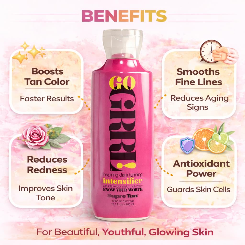 Supre Tan Go Grrl! Inspiring Tanning Bed Lotion, Dark Tan Intensifier, Indoor & Outdoor Accelerator with Tyrosine, Aloe & Shea Butter, Paraben Free, Odor Shield, 10.1 fl oz Supre Tan Go Girl!